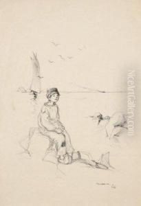 Jeune Garcon En Costume De Matelot Assis Sur Un Rocher Devant La Mer by Francisque Poulbot