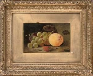 Grapes, A Plum, Peach And Strawberry On A Mossy Bank by James Poulton