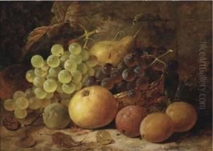Grapes, Plums, With An Apple, Pear And Raspberry On A Bank by James Poulton