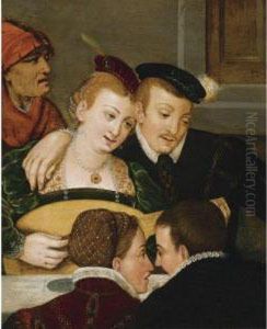 An Amorous Couple Making Music, Together With Another Young Coupleand An Elderly Man by Frans Pourbus