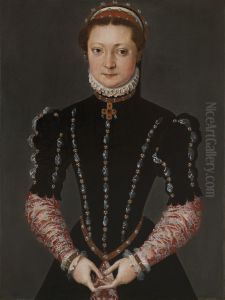 Portrait Of A Lady, Half-length, In A Black Dress Embroidered Withpearls, With A Scarlet And Silver Under Skirt And Sleeves, And Ajewelled Cross Necklace by Pieter Pourbus