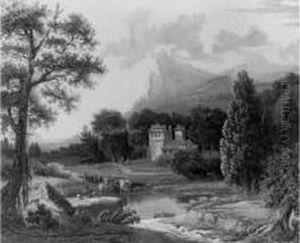 Personnages, Ruisseau Et Chateau Dans Une Vallee by Jean-Baptiste Pourcelly