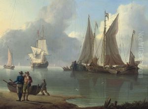 Dutch Hoys And A Warship At Anchor Off The Low Countries