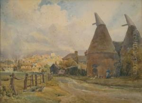Landscape With A Woman Feeding Chickens Outside Oast Houses, Late 19th Century Watercolour, Signed, Approx 27cm X 37.5cm - view 1