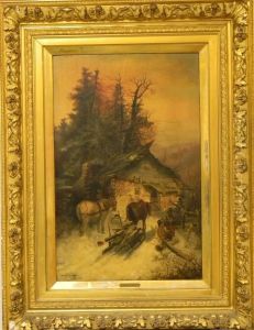 Winter Scene Withhorse Drawn Sled With Wood Near A Cottage And Figure