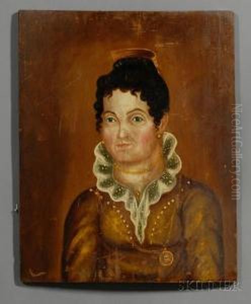 Portrait Of A Woman Wearing A Golden Brown Dress And Goldjewelry. - view 1