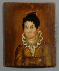 Portrait Of A Woman Wearing A Golden Brown Dress And Goldjewelry. by Asahel Lynde Powers