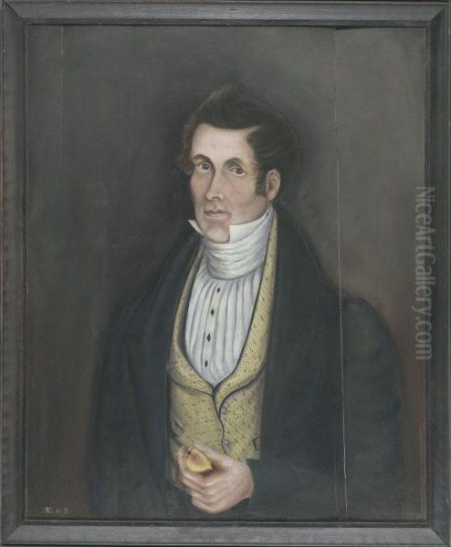 Portrait Of A Dark-haired Gentleman With High White Stock, Diamond-shaped Buttons, Yellow Vest Holding A Peach - view 1