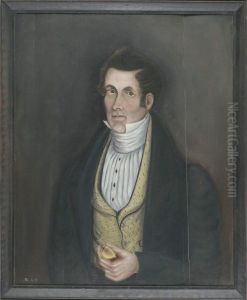 Portrait Of A Dark-haired Gentleman With High White Stock, Diamond-shaped Buttons, Yellow Vest Holding A Peach