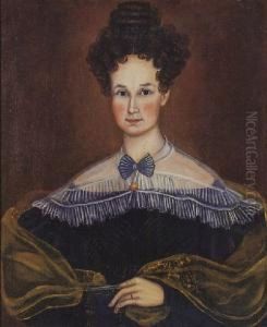 New England Lady With Blue Bow And An Elaborate Coiffure by Asahel Lynde Powers