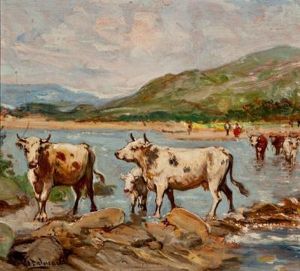 Vacas Vadeando El Rio by Emilio Poy Dalmau
