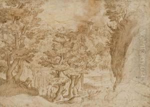 Paysage Arbore Avec Une Ville Fortifiee Sur Une Colline by Ludovico Pozzoserrato