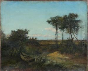 Berger Sur Des Echasses Dans Un Paysage Marecageux by Hippolyte Pradelles