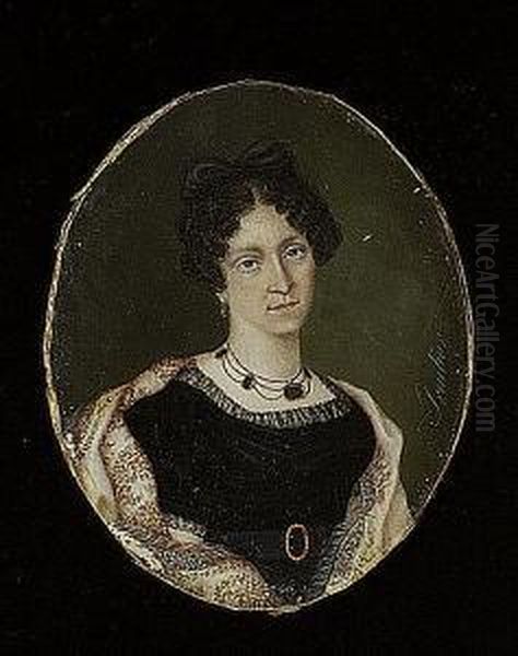 A Lady, Wearing Black Dress With Lace Trim, Gold Buckle, White Shawl Embroidered With Floral Motif, Jewelled Necklace And Drop Earring - view 1