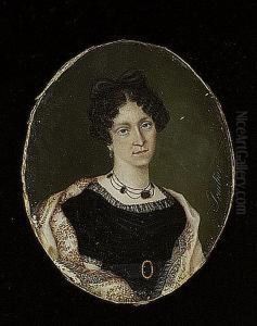 A Lady, Wearing Black Dress With Lace Trim, Gold Buckle, White Shawl Embroidered With Floral Motif, Jewelled Necklace And Drop Earring