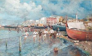 Spiaggia Con Barche E Pescatori Che Issano Le Reti by Attilio Pratella