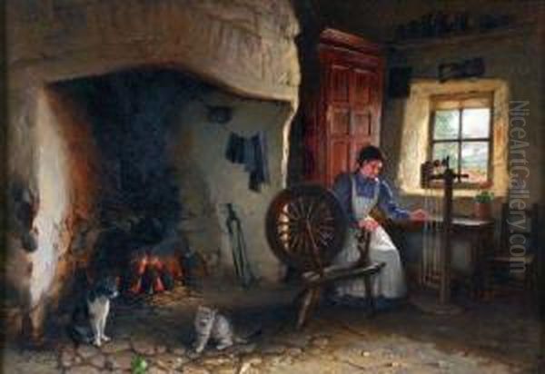 Cottage Interior With Lady Spinning And Cat And Kitten By Fireside - view 1