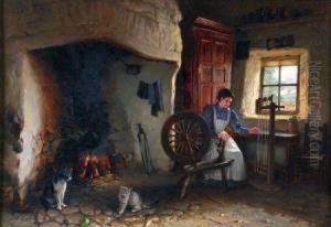 Cottage Interior With Lady Spinning And Cat And Kitten By Fireside by Jonathan Pratt