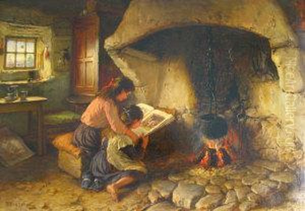 A Cottage Interior With Two Children Reading A Book By The Fire - view 1