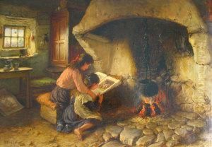 A Cottage Interior With Two Children Reading A Book By The Fire