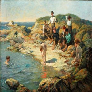 Boys Swimming At A Rocky Coast by William Pratt