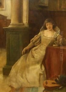 Portrait Of A Lady Mandolin Player by School Pre-Raphaelite