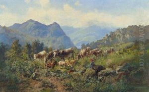 Mountain Landscape With Goats And Young Herdswoman. Mountain Landscape With Goats And Young Herdswoman.