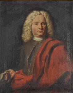 Eleganter Herrmit Rotem Umhang. by Johann Daniel Preisler