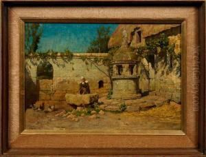 Bauernmadchen An Einemalten Steinbrunnen Bei Rom