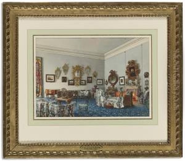 A Drawing Room With Blue Carpet And Chintz Upholstered Furniture - view 1
