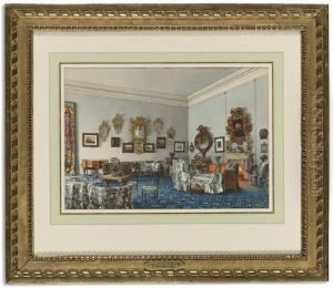 A Drawing Room With Blue Carpet And Chintz Upholstered Furniture by Luigi (Ludwig Osipovich) Premazzi