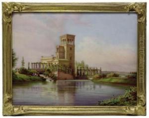 A View Of The Rose Pavilion, Lugovoi Park, Peterhof, Surrounded By Figures Sitting,strolling And Riding In A Carriage by Luigi (Ludwig Osipovich) Premazzi