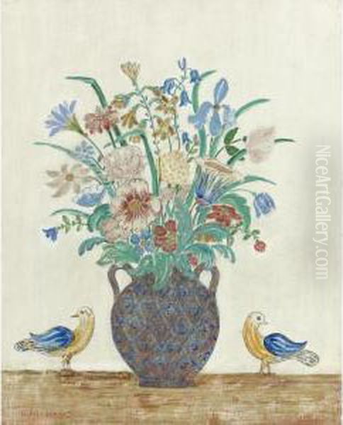 Flowers In A Blue Painted Vase With Bird - view 1