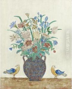 Flowers In A Blue Painted Vase With Bird by Charles Prendergast