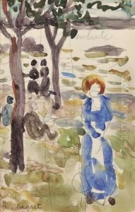 Double-sided Sketchbook Page: Figures Beneath Trees At The Shore by Maurice Brazil Prendergast