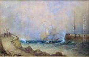 Frigate In Rough Seas Off Jetty