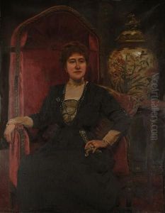 Portrait Of An Edwardian Lady, Three-quarter Length, Seated In A Sedan Style Chair In Front Of A Large Lidded Vase.
