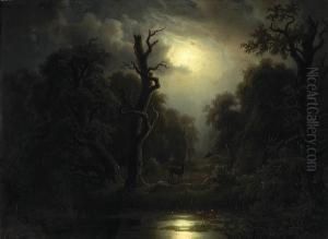 A Nocturnal Landscape With Deer Beside A Pond by Otto Press
