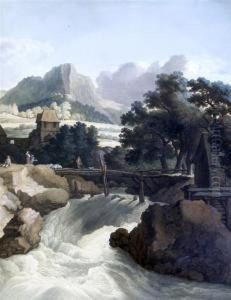 Waterfall In A Landscape by Johann E. Gottlieb Prestel