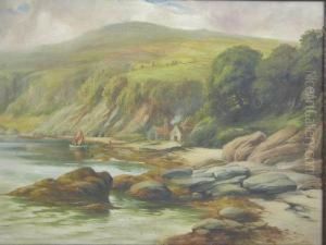 Quiet Cove With Fishermans Boathouses And Distant Hills by George Pretty