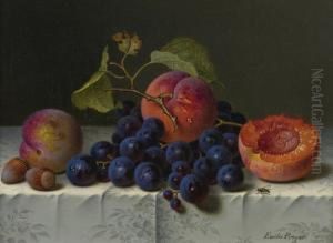 Still Life Of Peaches, Grapes, And Nuts On A Table by Emilie Preyer