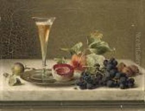 A Flute Of Champagne, Fruits And Nuts On A Silver Platter by Emilie Preyer