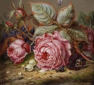 German, - Still Life With Roses, Apansy And Snowberries by Emilie Preyer