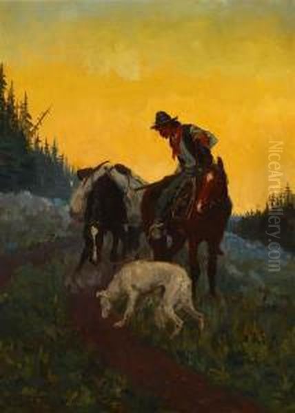 Cowboy On Horseback With Packhorse And Dog - view 1