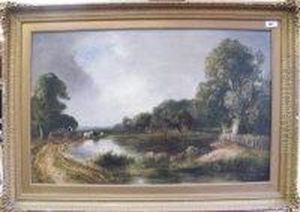 Wagon And Horses By A Wooded Lake by James Price