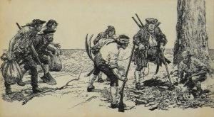 Pirates Discover Skeleton Near Large Tree. Pirates Discover Skeleton Near Large Tree.