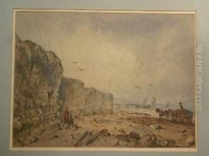 Coastal Scene With Figures And Horses And Cart