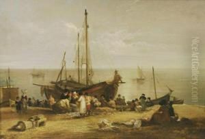 Fishmarket With Figures And Vessels On The Beach by Alfred Priest