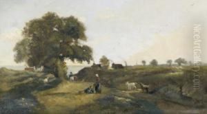 Bauernpaar Mit Ziegen In Kustenlandschaft. by Georges Etienne Prieur