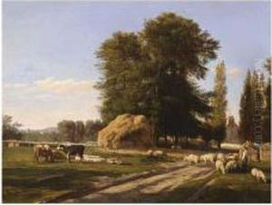 Sheeps And Cows In A Landscape